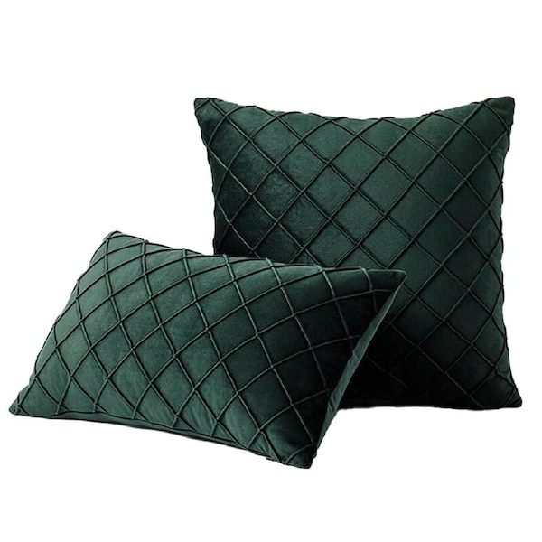 Velvet Cushion Cover Diamond Pleated Checked Home Decor Sofa Throw Pillow Case - Forest Green 30 x 50cm