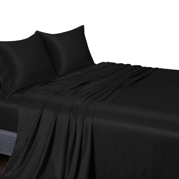 Silk Satin Sheet Set Flat Fitted Sheet And Pillowcase Double Queen King - Black Double