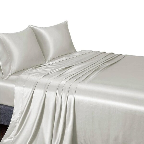 Silk Satin Sheet Set Flat Fitted Sheet And Pillowcase Double Queen King - White Single