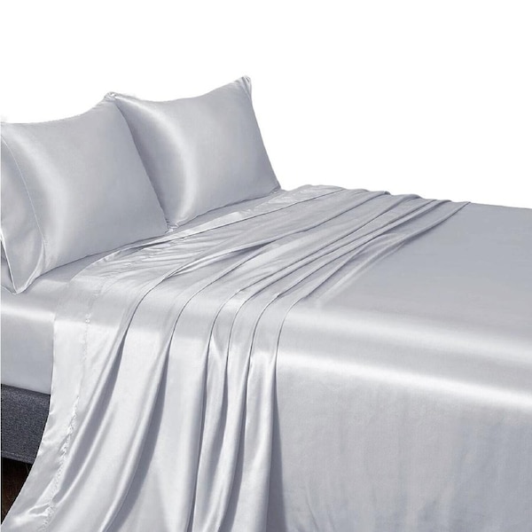 Silk Satin Sheet Set Flat Fitted Sheet And Pillowcase Double Queen King - Light Gray Single