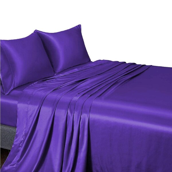 Silk Satin Sheet Set Flat Fitted Sheet And Pillowcase Double Queen King - Purple King