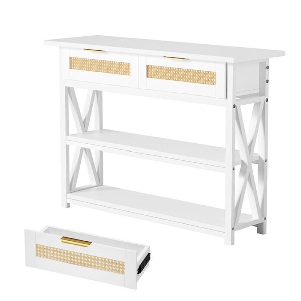 White Console Table with Rattan Drawers Narrow Hall Entryway Bar Side Sofa End Wood Accent Couch Lamp Storage TV Shelf Display Centre Unit 100x30x81cm