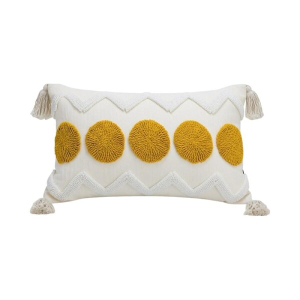 SOGA 30cm Cream Yellow Circle Pom Chevron Tassel Decorative Pillow