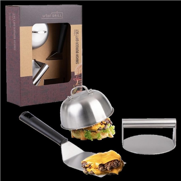 URBAN Smash Burger Gift Set Stainless Steel 14cm Press 15.5cm Cloche
