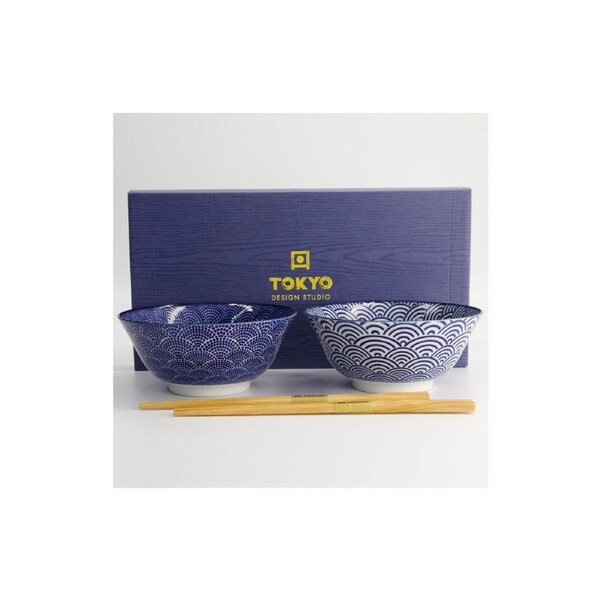 Tokyo Design Porcelain Bowl Set Dot Wave With Chopsticks Gift Boxed 21cm