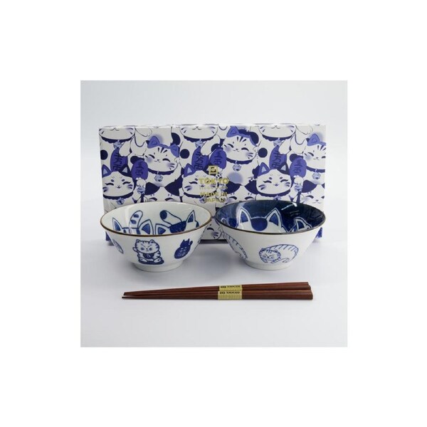 Tokyo Design Porcelain Bowl Set Twin Cat With Chopsticks Gift Boxed