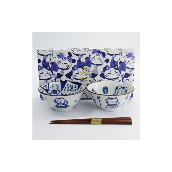 Tokyo Design Porcelain Bowl Set With Chopsticks White Cat Gift Boxed 14.9cm