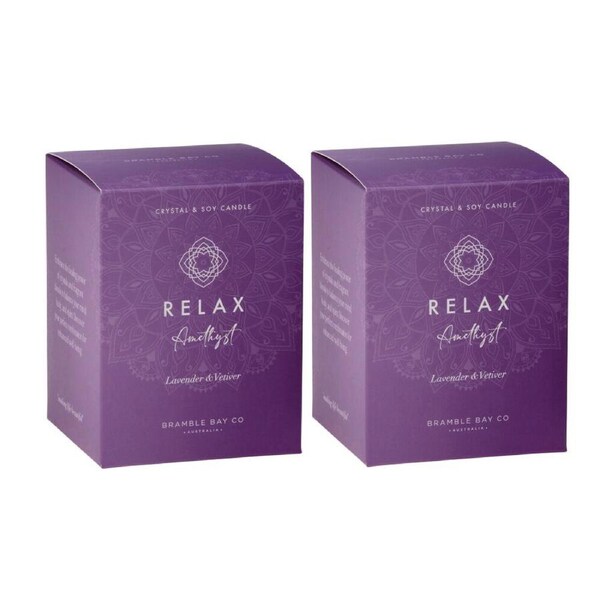 2PK Bramble Bay Crystal Boho Amethyst Relax Candle Lavender & Vetiver 300g