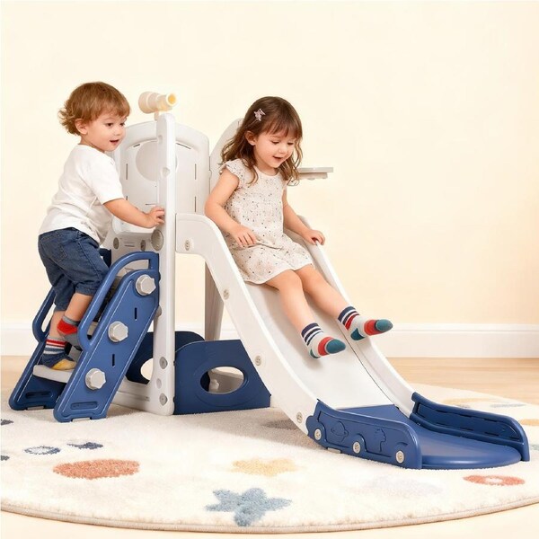 Advwin 6 in 1 L-Shaped Toddler Slide Indoor Baby Slide Kids Playset Outdoor Playground, Blue+White