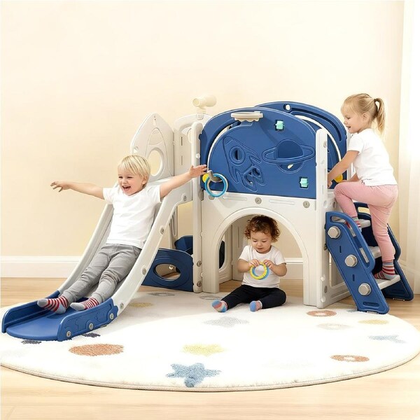 Advwin 9 in 1 L-Shaped Toddler Slide Indoor Baby Slide Kids Playset Outdoor Playground, Blue+White