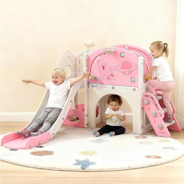 Advwin 9 in 1 L-Shaped Toddler Slide Indoor Baby Slide Kids Playset Outdoor Playground, Pink+White