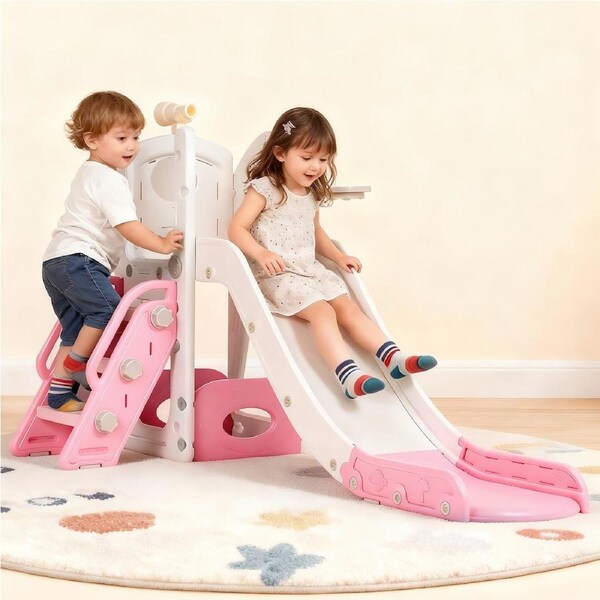 Advwin 6 in 1 L-Shaped Toddler Slide Indoor Baby Slide Kids Playset Outdoor Playground, Pink+White