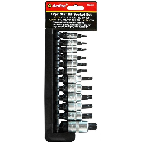 12pc Ampro T33221 Star Bit Socket Set Chrome Vanadium S2 High Torque T10-T60