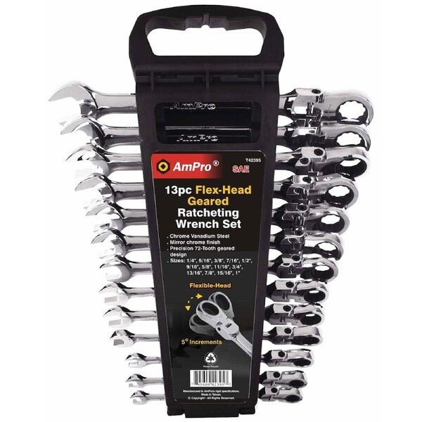 13pc Ampro T42395 Flex Geared Combination Wrench Set Chrome Vanadium Steel