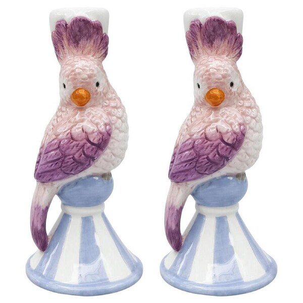2PK Urban Ceramic Perdy Parrot Candle Stick Holder Home Decor 15x7cm Blue