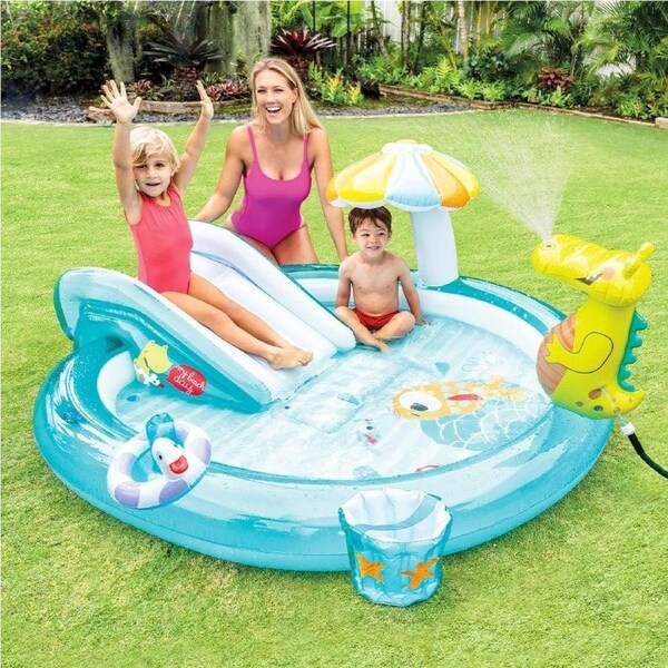 Intex Inflatable Gator Swimming Pool - Inflatable Toddler Kids Water Slide & Sprayer - Outdoor Backyard Summer Activity Centre