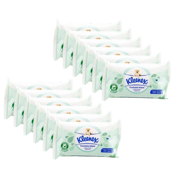 12x 36pc Kleenex Flushable Wipes 16.5x12.9cm Cotton Fresh Scent Disposable