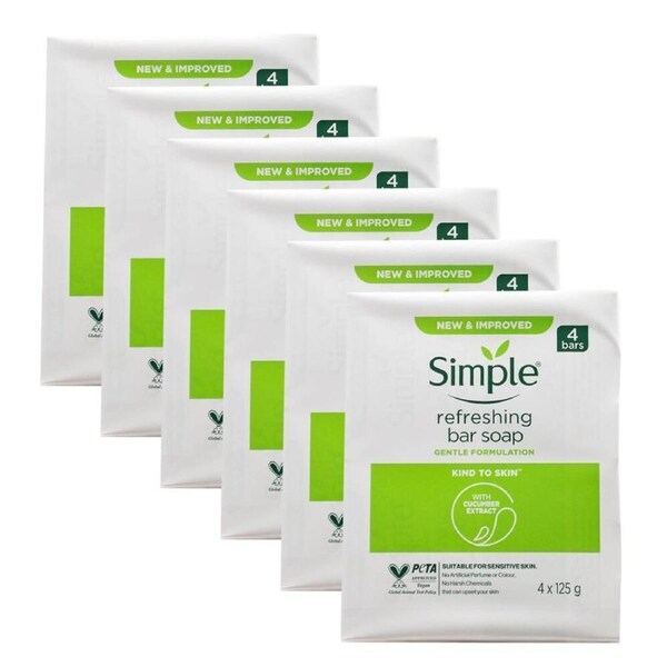 6x 4pc Simple 125g Refreshing Bar Soap w/ Cucumber Extract Moisturising