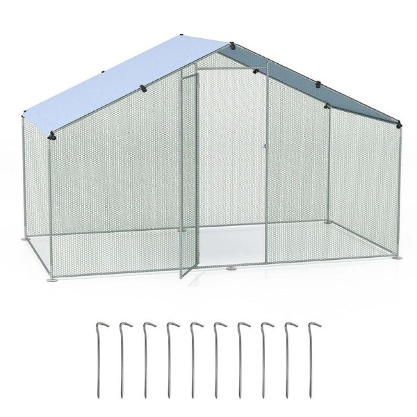 Costway Large Chicken Coop w/Oxford Canopy Hexagonal Mesh Net Lockable Door & Ground Stakes 3x1.7x1.9m