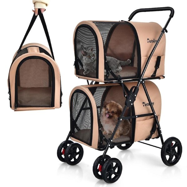 Costway 4in1 2Layer Pet Stroller Pram Detachable Dog Cat Carrier Bag Cage Folding Crate Travel Pushchair Lockable Wheel Beige