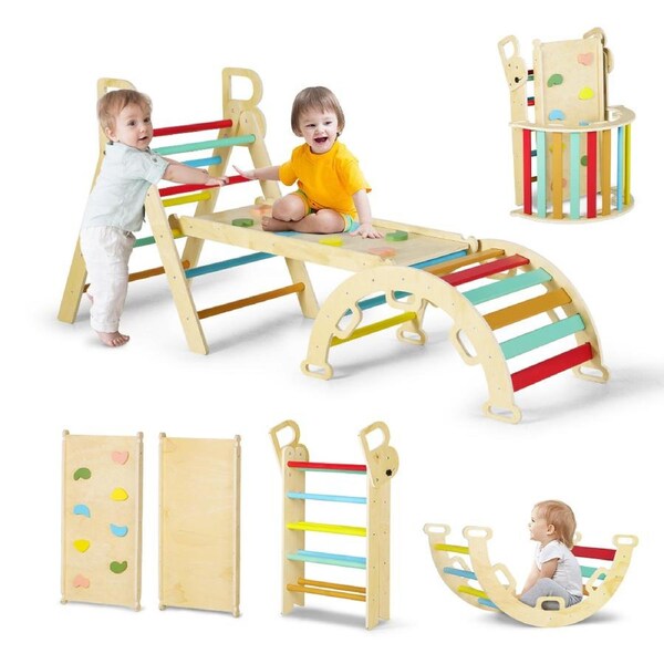 PlayPals 7-In-1 Pikler Triangle Set Kids Wood Climb Play Set Toddler Climbing Set