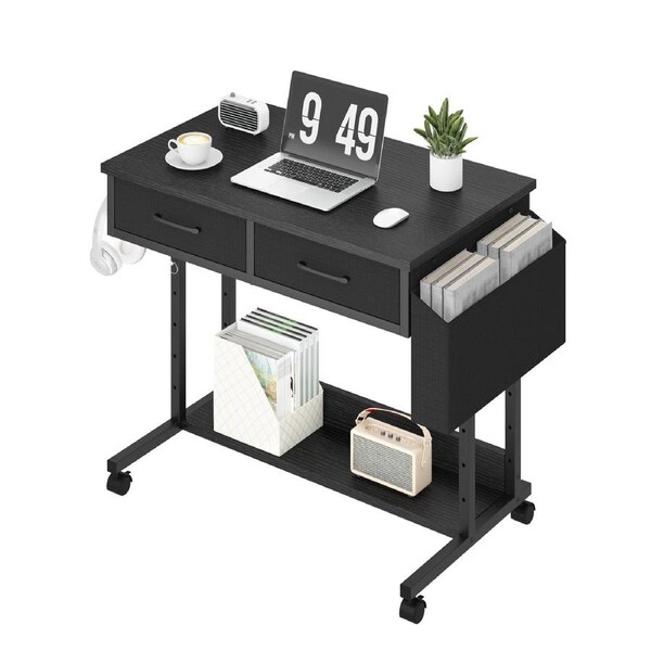 Advwin Small Rolling Standing Desk Adjustable Height Mobile Stand Up Desk with Wheels Portable Computer Desks with 2 Fabric Drawers Laptop Table for Home Office 80 x 48cm Black