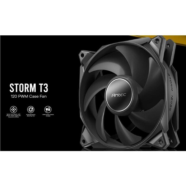 Antec Storm 120mm T3 PWM FDB 3 Pack. High Airflow 80.47 CFM, Air Pressure 2.7, Noise Level 36.99. Woven Cable, PMW Daisy Chain case fan 3 Yrs Warranty