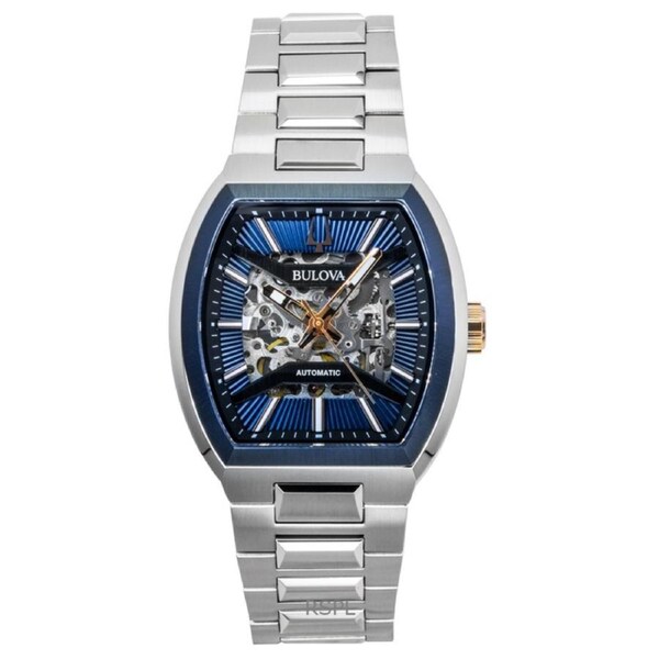 Bulova Maquina 98A319 Mens Watch 21 Jewels Automatic Stainless Steel Blue Dial Skeleton Dial