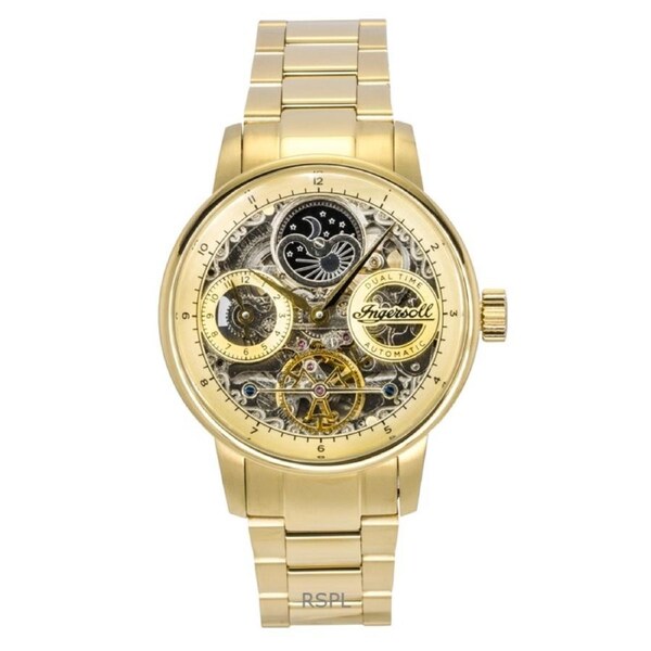 Ingersoll The Jazz 22 Jewels Automatic I07711 Mens Watch Moonphase Dual Time Stainless Steel Gold Skeleton Dial