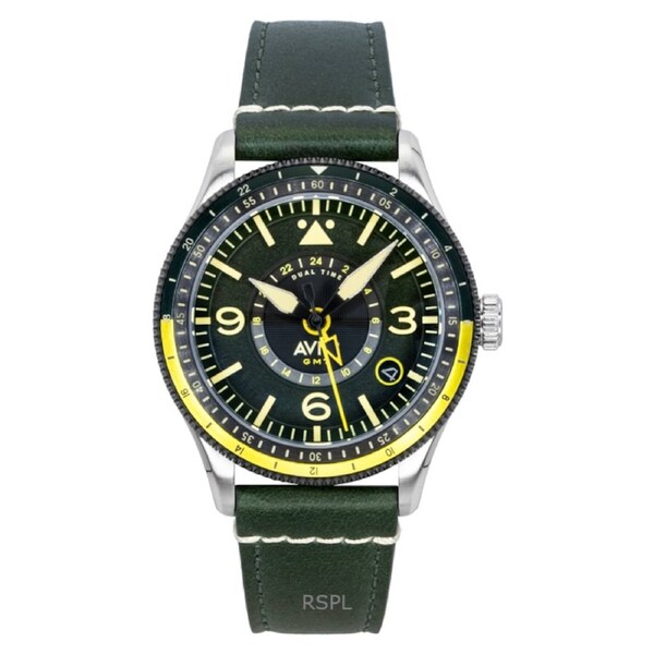 AVI-8 Flyboy Airmaster GMT Automatic AV-4128-03 Mens Watch Fuselage Green Leather Strap Green Dial 50M
