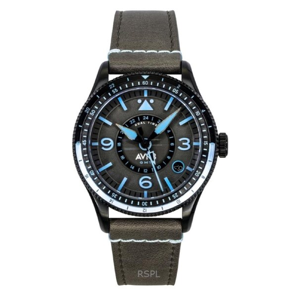 AVI-8 Flyboy Airmaster GMT Automatic AV-4128-05 Mens Watch Leather Strap Grey Dial 50M