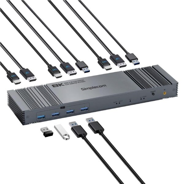 Simplecom KM490 HDMI and DisplayPort Dual Monitor KVM Switch for 2 Computers with 4-Port USB 3.0 Hub 5Gbps 8K@60Hz