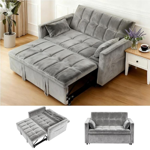 Advwin 3 in 1 Convertible Sofa Bed Velvet Sleeper Loveseat with Adjustable Backrest Pull Out Couch with Side Pocket Grey