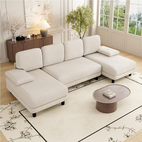 Advwin 280cm 4 Seater Sectiona Sofa Chenille Fabric U Shape Couch Modern Sofa Couch with Double Chaise Beige