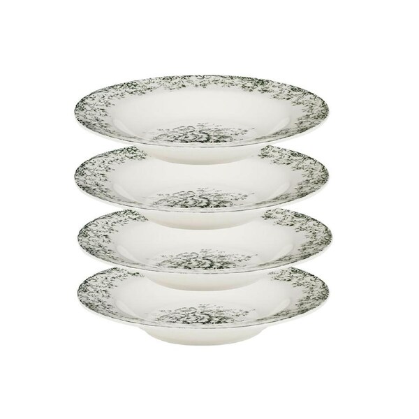 4x Casa Domani Rosetta Rim Soup Bowl Antique Green Porcelain 23cm Serving