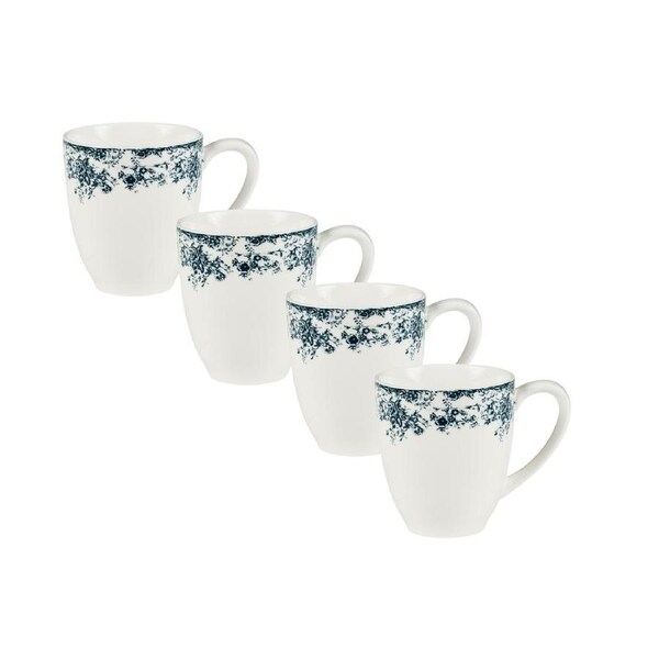4x Casa Domani Rosetta Coupe Mug Antique Blue 370ml Porcelain Dishwasher Safe