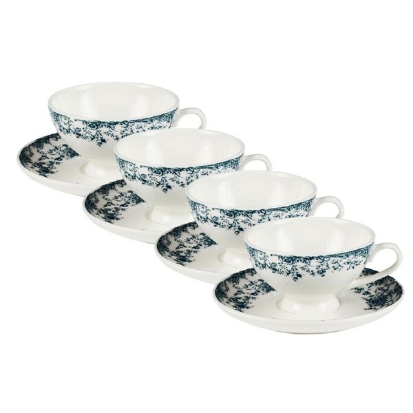 4x 2pc Casa Domani Demi Cup & Saucer Set Porcelain Antique Blue 90ml Gift Boxed