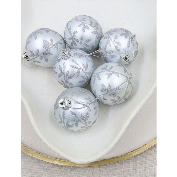 Silver Christmas Baubles with Flowers 60mm 6 pack