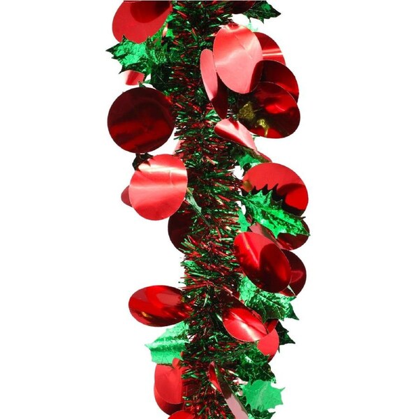 10m RED GREEN Christmas Tinsel With Bauble Shape 100mm wide