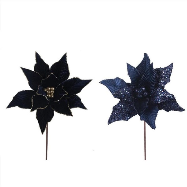 Navy Blue Poinsettia Flower Pick 29 & 30cm 2 Pack