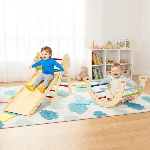 Advwin 8-in-1 Kids Climb Playset Wood Rocking Arch Slide Set w/Double Sided Ramp and Montessori Alphabet Puzzle