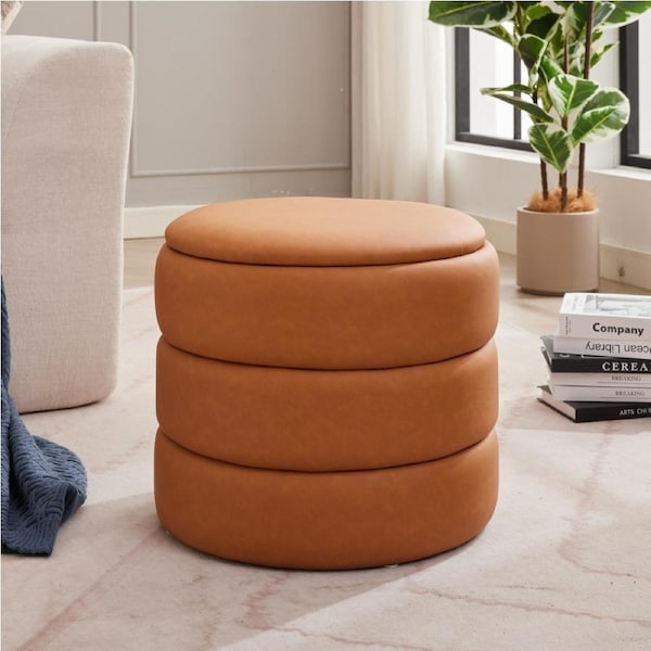 HOMFURN Upholstered Faux Leather Round Storage Ottoman Home D??cor, Storage Footstool, Storage Side Table- Carmel Brown