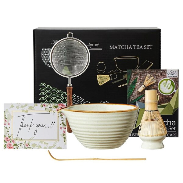 Matcha Whisk Set - 7Pcs Ceramic Matcha Kit for Traditional Tea Ceremony With Matcha Bowl, Bamboo Whisk, Holder, Bamboo Scoop, Scoop Rest - Japanese Tea Kit for Mother's Day Gift