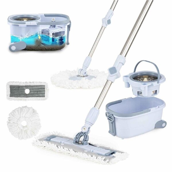 Costway Dual Tank Mop Bucket Set Clean & Dirty Water Separation 360 Degree Deep Cleaning Mops Hands-Free Blue