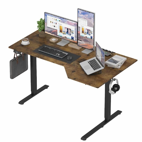 Advwin L-Shaped Corner Standing Desk Electric Height Adjustable Stand up Desk with 2 Memory Preset Ergonomic Rising Computer Table with Splice Board 140 x 80 cm Rustic Brown
