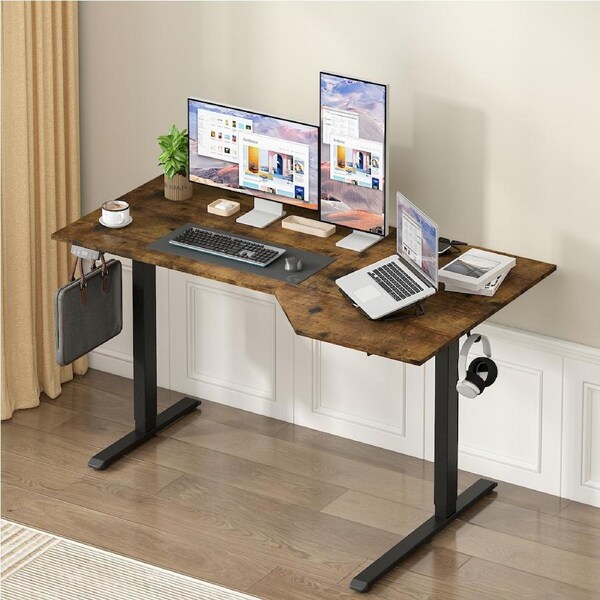 Advwin Electric Standing Desk L Shaped Corner Height Adjustable Sit Stand up Desk with 2 Memory Preset Ergonomic Rising Computer Table 140 x 80 cm Rustic Brown