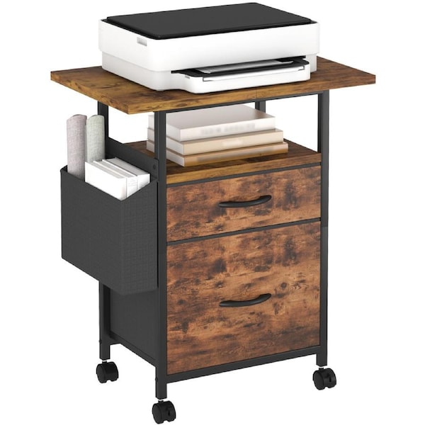 Advwin Mobile File Cabinet w/2 Drawers & Extended Tabletop Industrial Storage Rolling Organizer Cart w/ Side Bag Rustic Brown