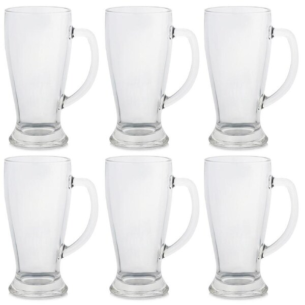 Set of 6 Large Beer Glasses with Handle Tall Clear Pub Mugs for Lager Ale Craft Beer Heavy Base Drinkware for Home Bar Party BBQ Use