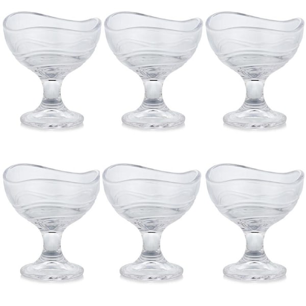 Set of 6 Glass Dessert Cups Elegant Footed Ice Cream Bowls for Sundaes, Sorbet, Fruit, Yogurt Clear Wave Design Glassware for Party, Kitchen, Restaurant, Cafe, Buffet, Home Entertaining