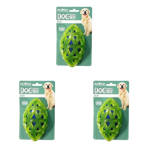 3PK Pro Pet Care TPR Football With Crinkle Noise Dog Toy 17cm Assorted